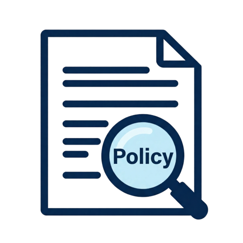 icon image of a document with a magnifying glass highlighting the word 'Policy'.