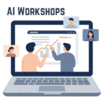 icon image of a laptop, on the screen are two people drawing on a graph. Above the image is the title 'AI Workshops'