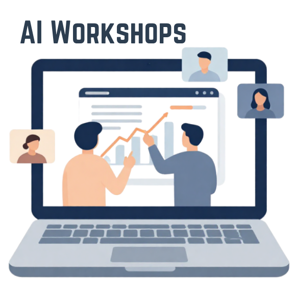 icon image of a laptop, on the screen are two people drawing on a graph. Above the image is the title 'AI Workshops'